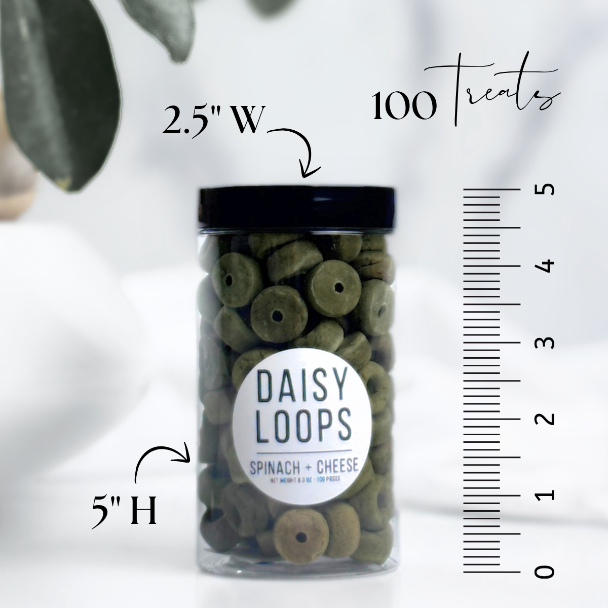 Superfood Spinach, Green Spirulina and Cottage Cheese Healthy Dog Treats in the shape of mini donuts. We call them Daisy Loops a playful color reference to Fruit Loops but for dogs. 100 Treats in each container which is 5"H x 2.5" wide and is perfect for gifting, daily treating, travel as well as dog training.