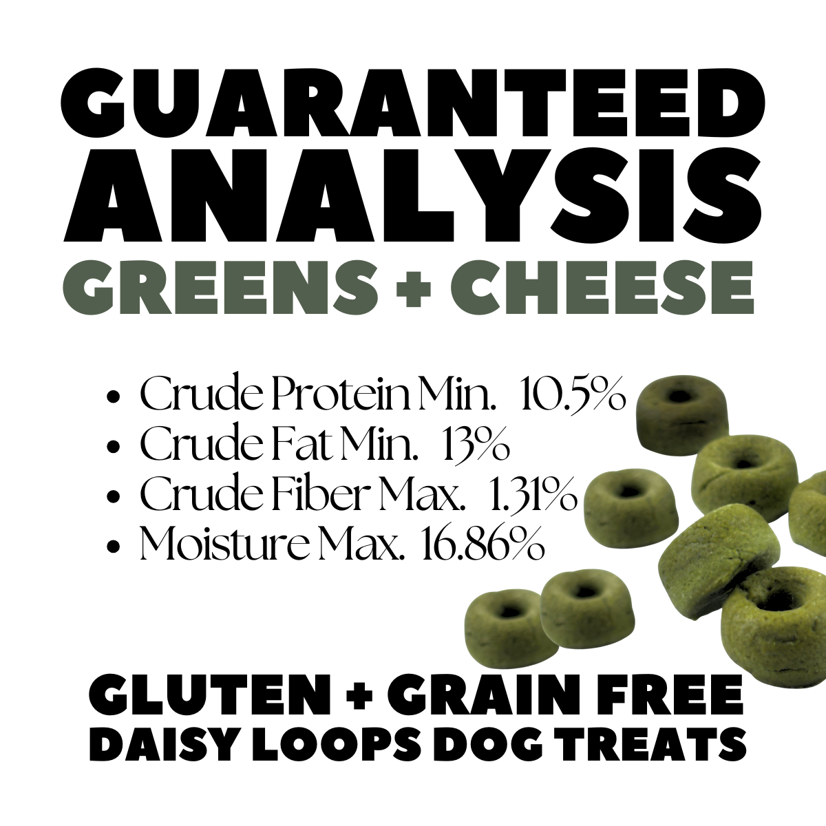 Superfood Spinach, Green Spirulina and Cottage Cheese Healthy Dog Treats in the shape of mini donuts. We call them Daisy Loops a playful color reference to Fruit Loops but for dogs.
