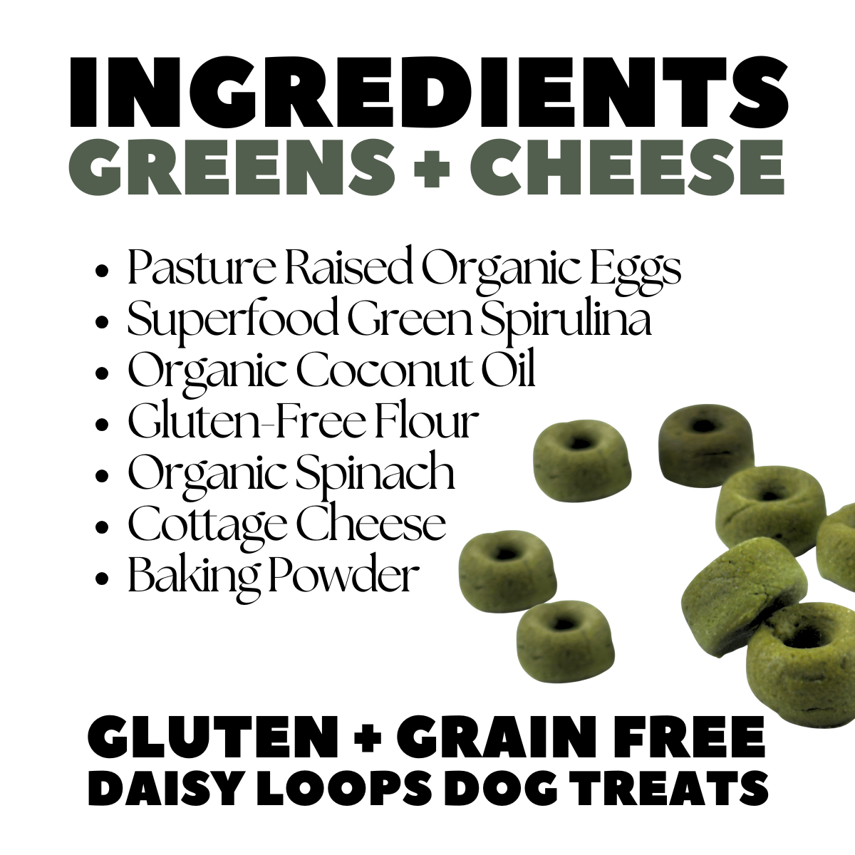 Superfood Spinach, Green Spirulina and Cottage Cheese Healthy Dog Treats in the shape of mini donuts. We call them Daisy Loops a playful color reference to Fruit Loops but for dogs. Ingredients List: Pasture Raised Organic Eggs, Superfood Green Spirulina, Organic Coconut Oil, Gluten-free Flour, Organic Spinach, Cottage Cheese and Baking Powder. These dog treats are grain and gluten-free.