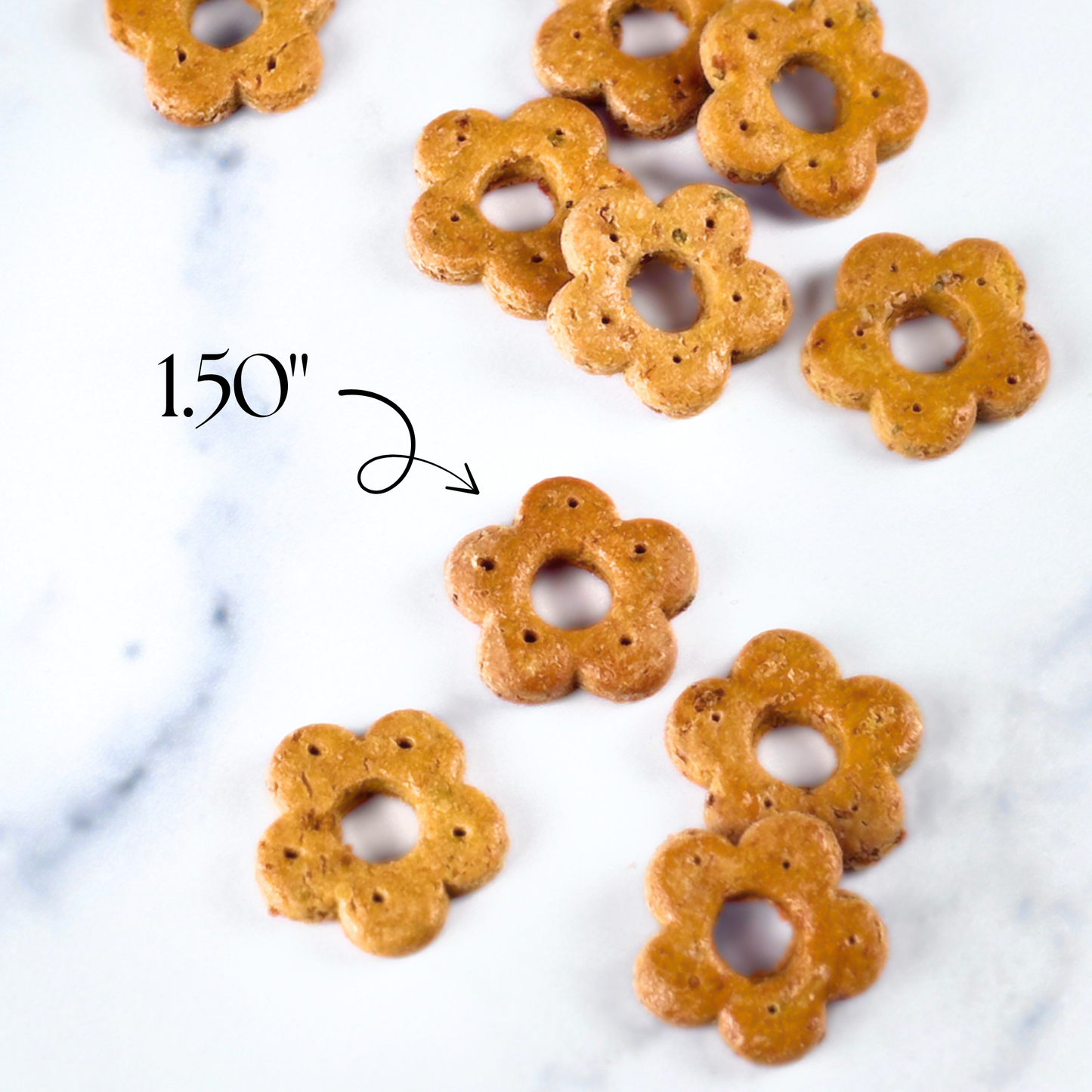 1.50" hand cut artisan dog treats daisy shaped small batch chicken apple rosemary grain free gluten free
