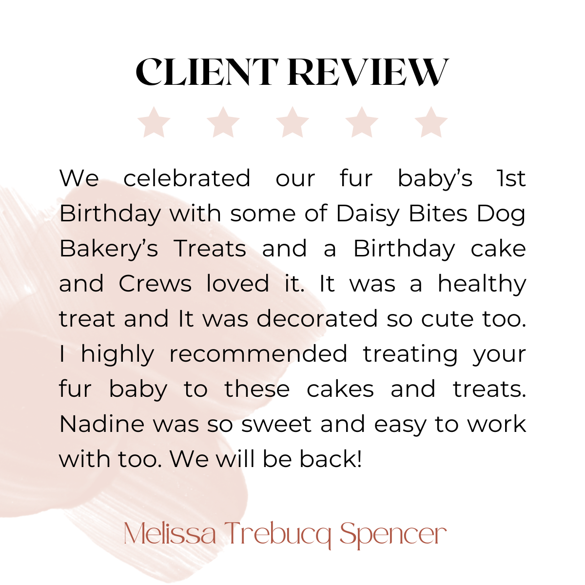 Five Star Client Review Custom Dog Birthday Cake for Dogs from Daisy Bites Dog Bakery New Orleans
