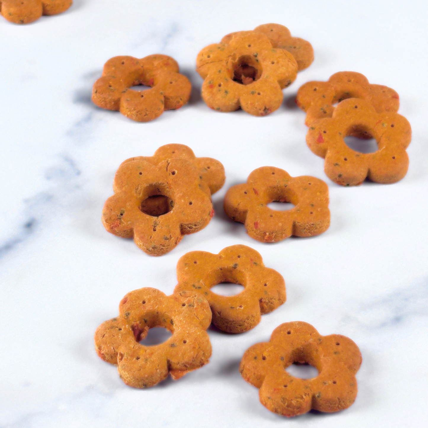 hand cut daisy shaped cheesy carrot tomato dog treats grain free gluten free artisan small batch