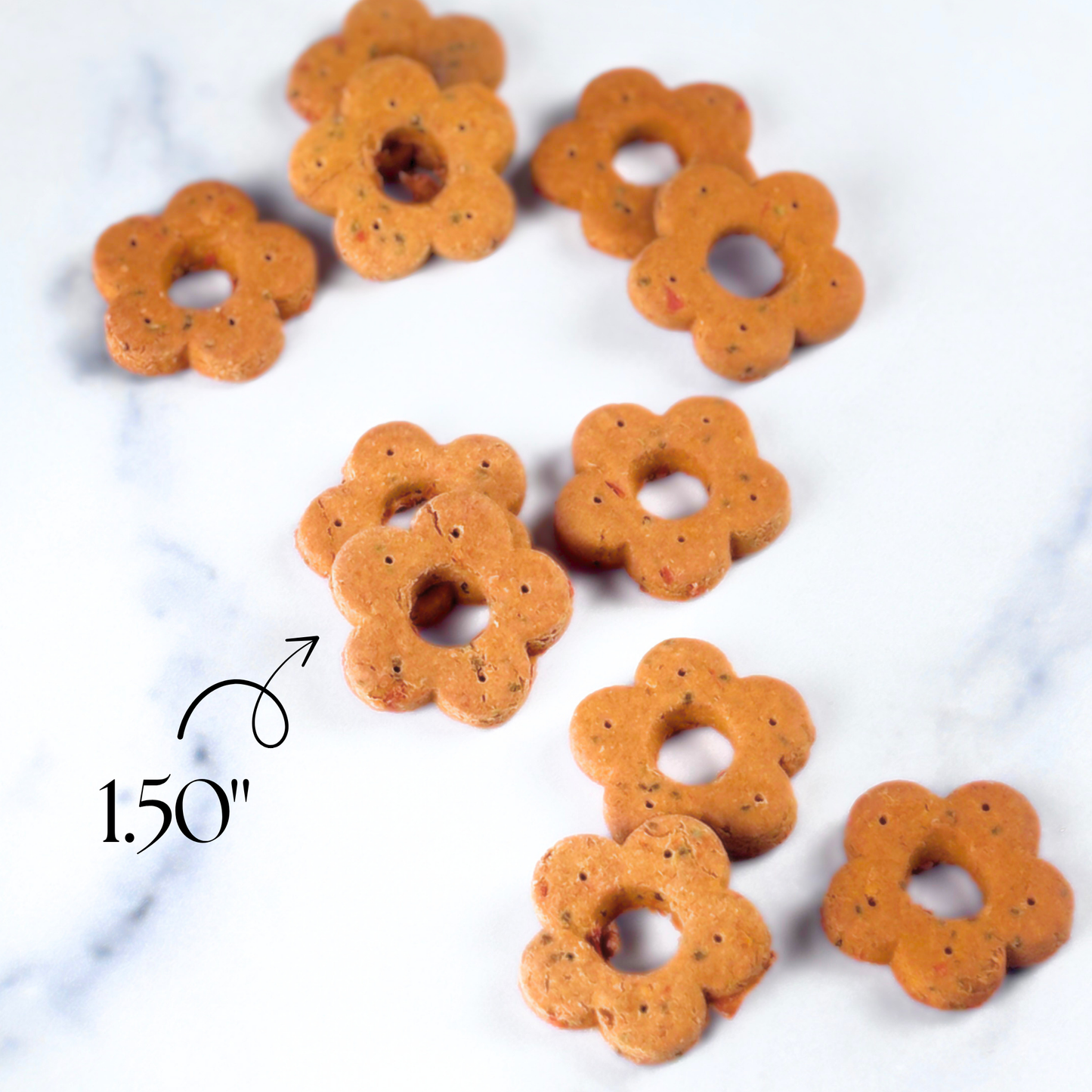 1.50" sized daisy bites daisy shaped veggie dog treat recipe gift ready 6oz 10oz sized bags 