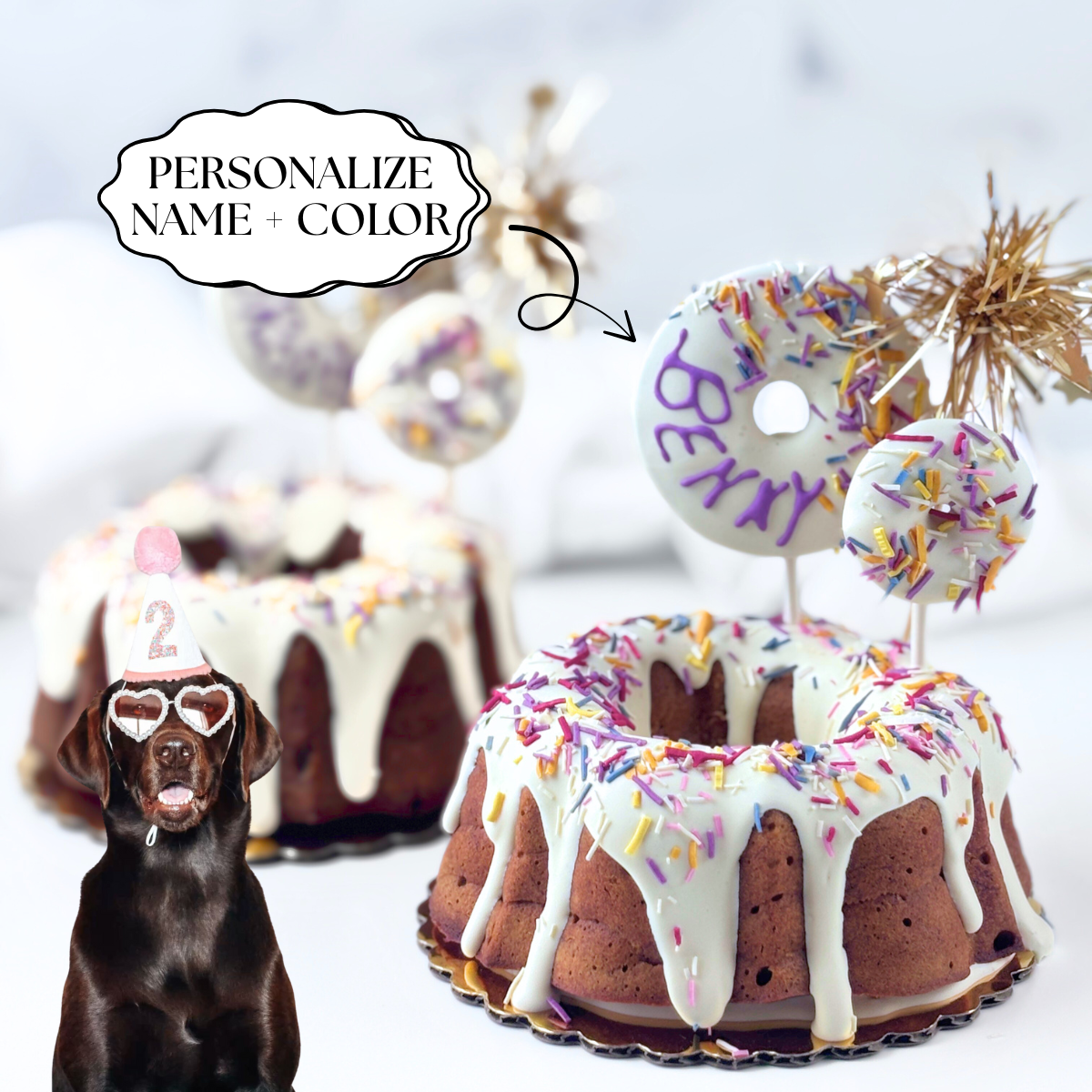 Rainbow Sprinkles Donut Bundt Dog Birthday Cake Color Options